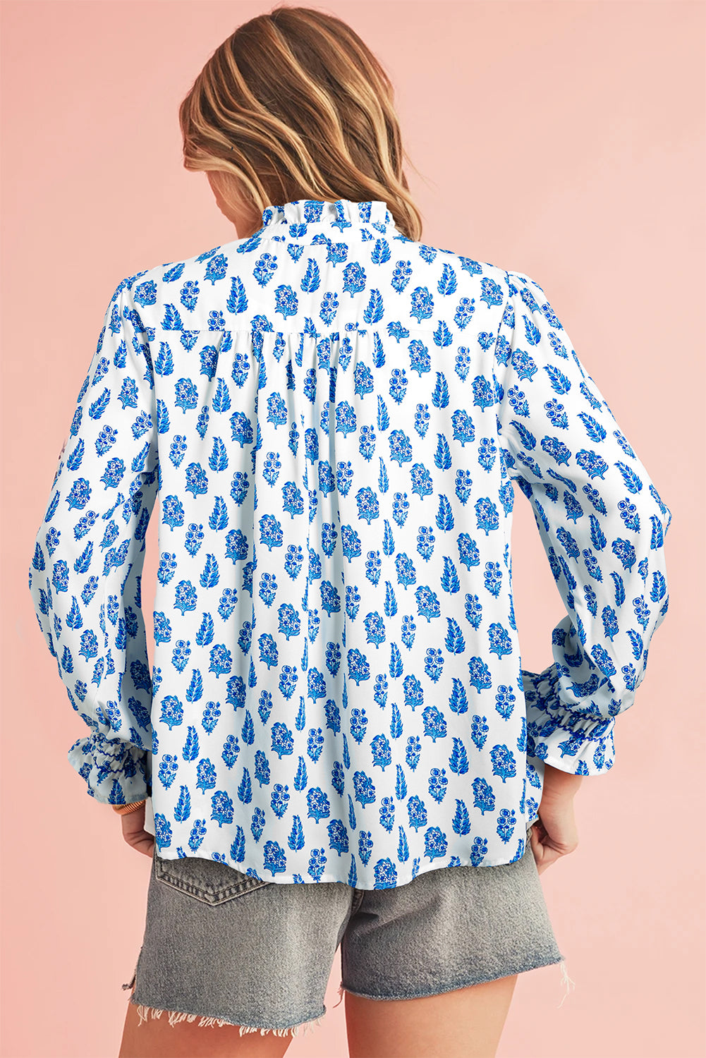 Sky Blue Boho Floral Printed Lantern Sleeve Frilled Neck Shirred Shirt Aaria Tees