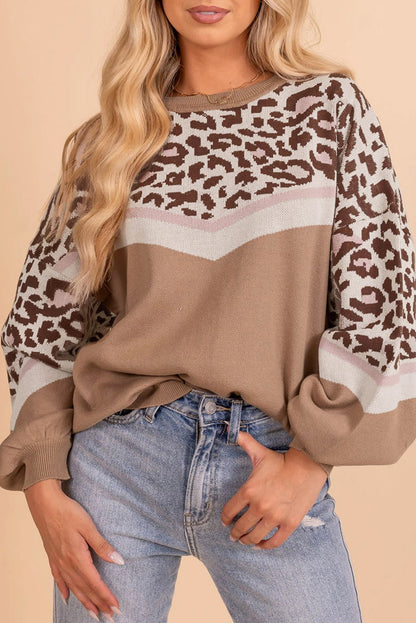 Straw Yellow Leopard Colorblock Patchwork Round Neck Sweater