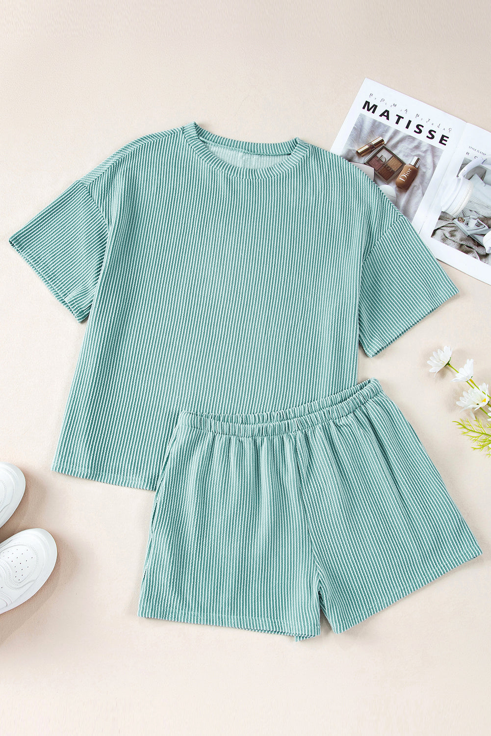 Solid Corded Short Sleeve Tee and Shorts Set