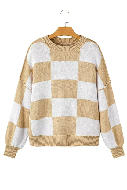 Khaki Checkered Bishop Sleeve Sweater