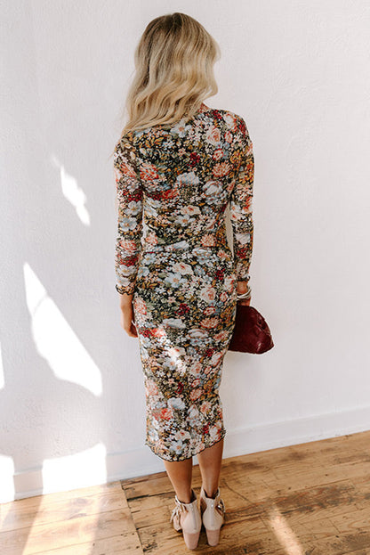 Brown Floral Allover Print Mock Neck Bodycon Long Sleeve Midi Dress - Aaria Tees