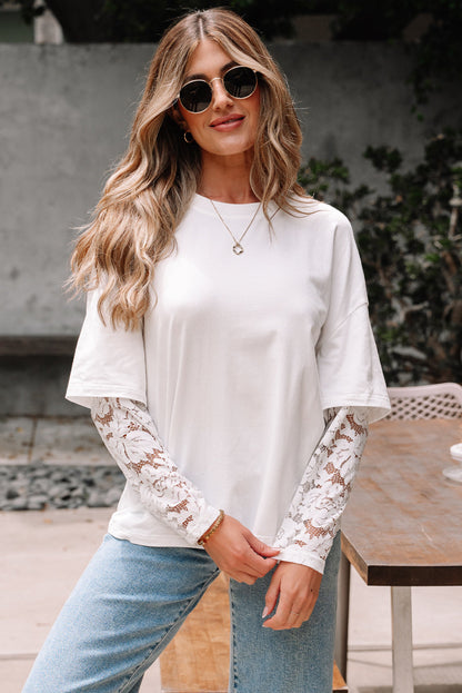 Lace Insert Long Sleeve Drop Shoulder Tee