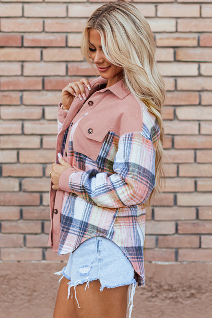 Nancy Plaid Corduroy Patchwork Shacket - Aaria Tees