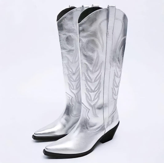 Silver Cowboy Boots Mid Calf Metallic Embroidered Western Style - Aaria Tees