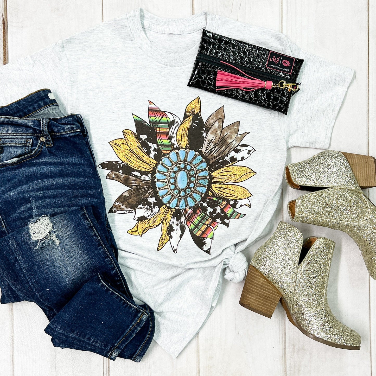 Glitter Serape Cow Gemstone Sunflower Graphic Tee