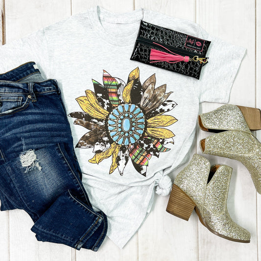 Glitter Serape Cow Gemstone Sunflower Graphic Tee