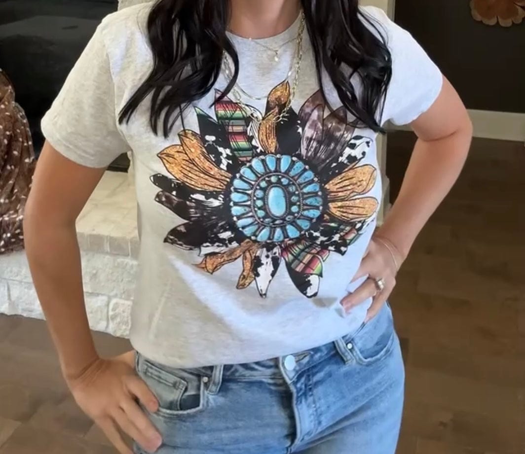 Glitter Serape Cow Gemstone Sunflower Graphic Tee