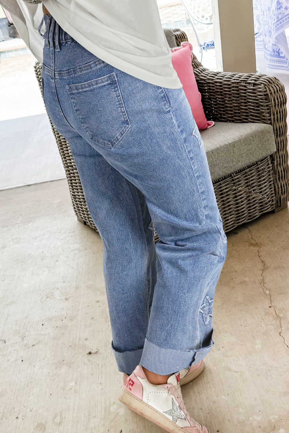 Dusk Blue Foiled Star Patchwork Straight Leg Loose Jeans Aaria Tees