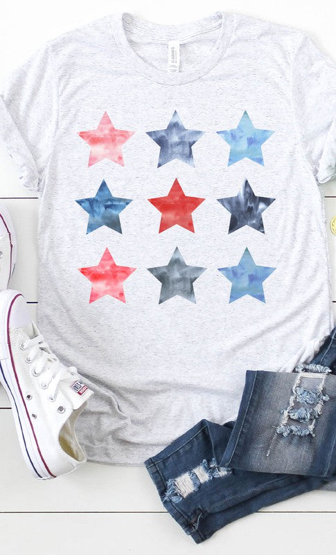 Watercolor Patriotic Star Grid Graphic Tee - Aaria Tees