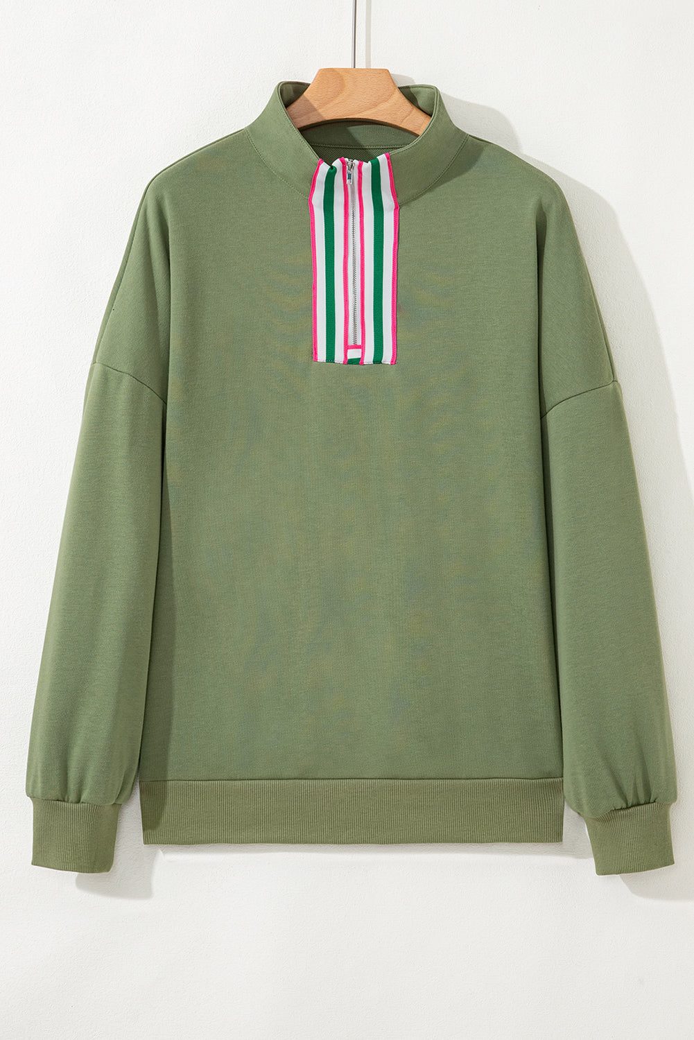 Vineyard Green Contrast Striped Patchwork Zip Collar Pullover Sweatshirt