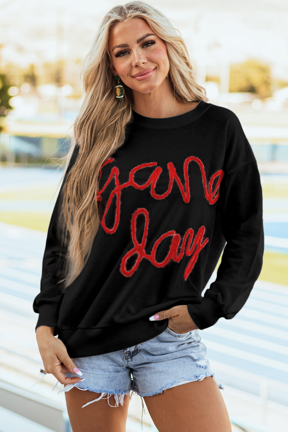 Black Tinsel Game Day Drop Shoulder Graphic Sweatshirt - Aaria Tees