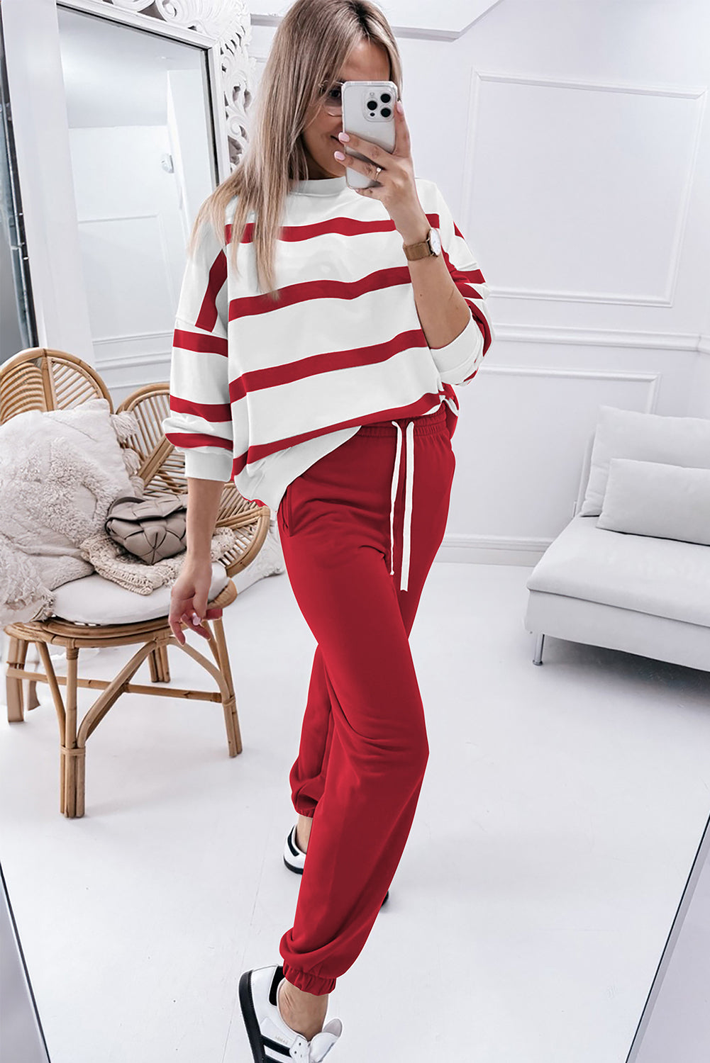 Brown Stripe Striped Drop Shoulder Pullover and Jogger Pants Set Aaria Tees