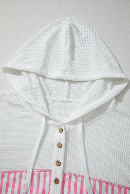 Plus Size Stripe Leopard Patchwork Waffle Knit Buttoned Hoodie