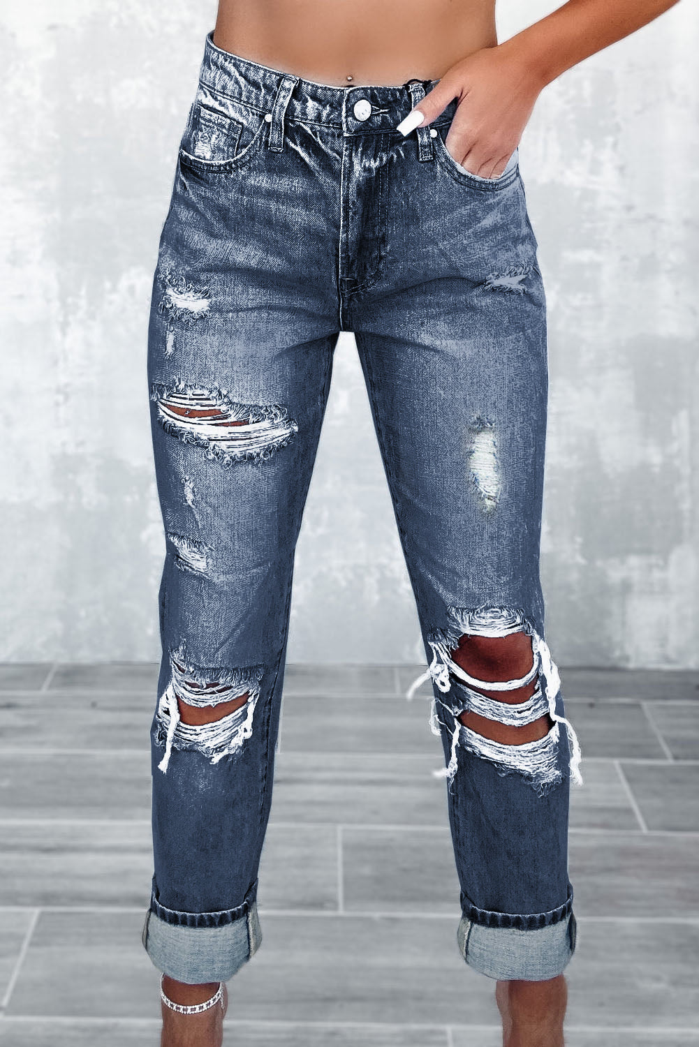 Sky Blue Light Wash Frayed Slim Fit High Waist Jeans - Aaria Tees Aaria Tees