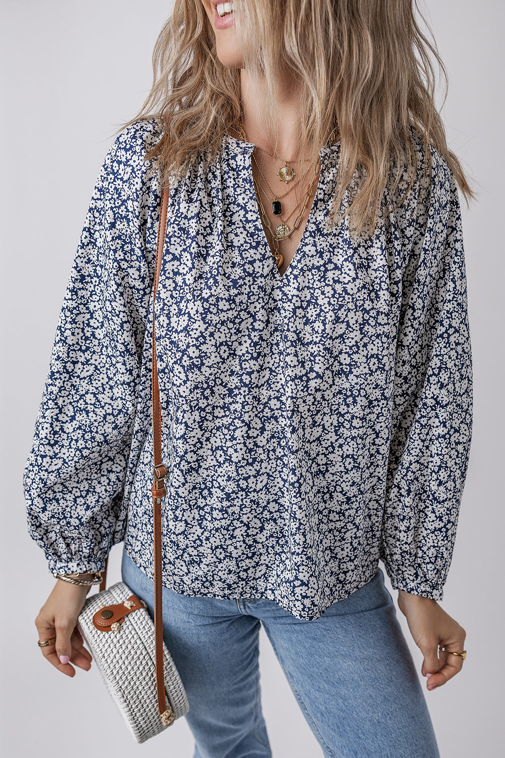 Blue Floral Print Notched V Neck Puff Sleeve Blouse Aaria Tees