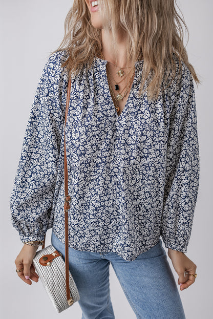 Blue Floral Print Notched V Neck Puff Sleeve Blouse Aaria Tees