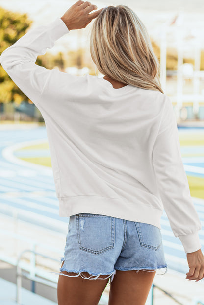 White Tinsel Game Day Drop Shoulder Graphic Sweatshirt - Aaria Tees