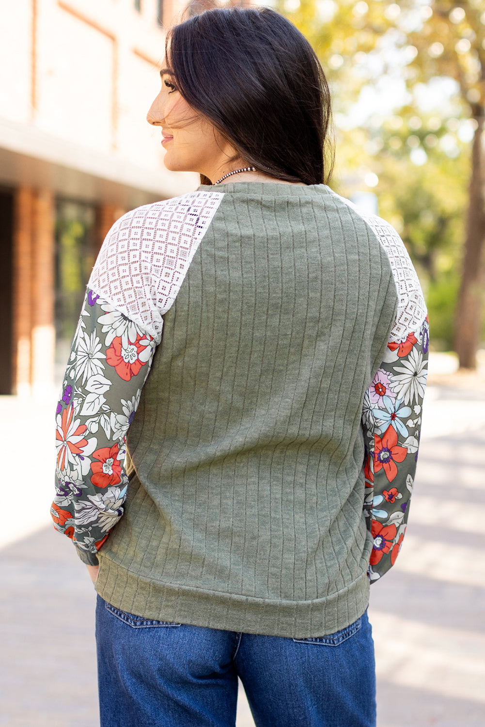 Black Floral Patchwork Long Sleeve Ribbed Blouse Aaria Tees