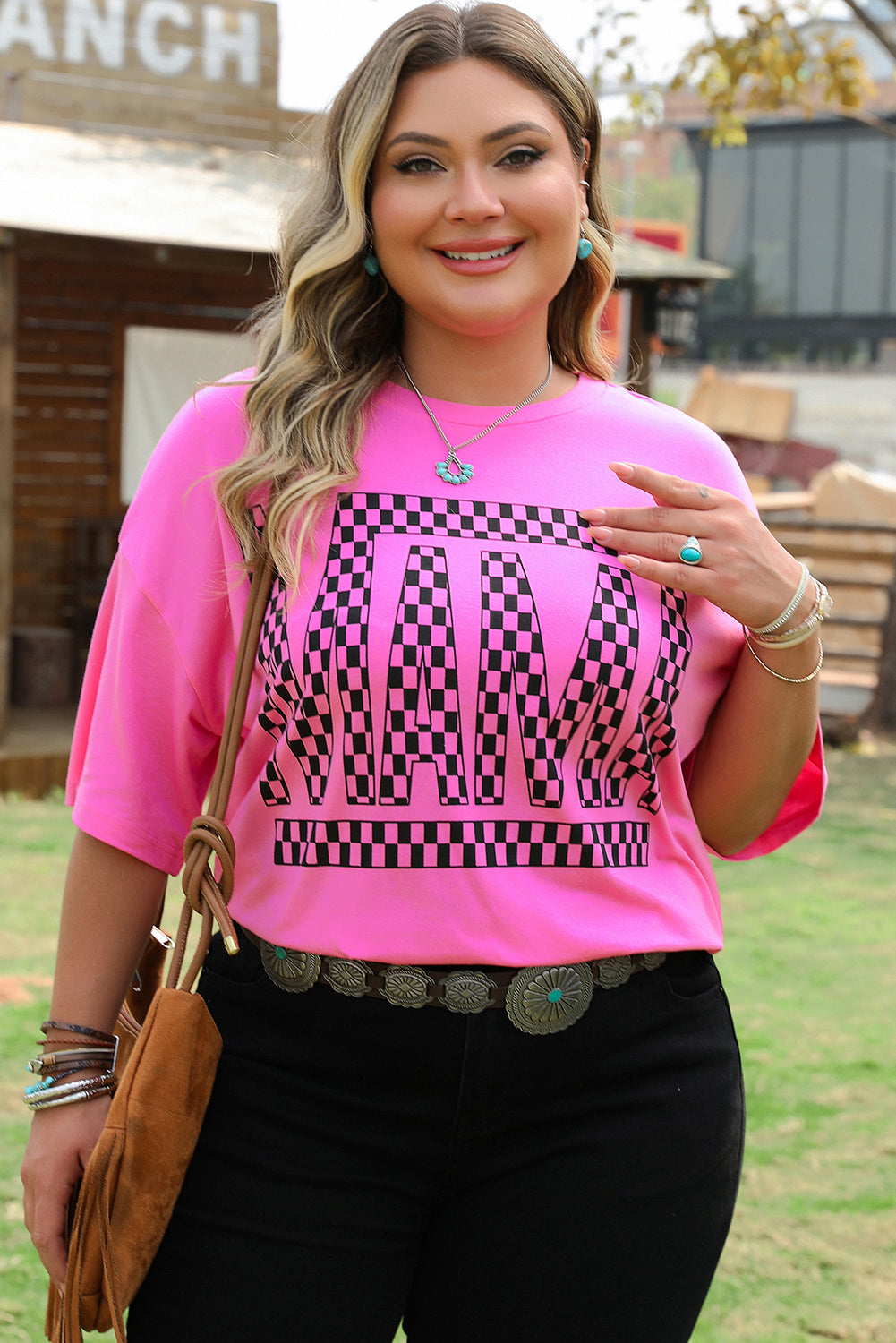 Bright Pink Checker MAMA Letter Printed Graphic Plus Size T Shirt - Aaria Tees Aaria Tees