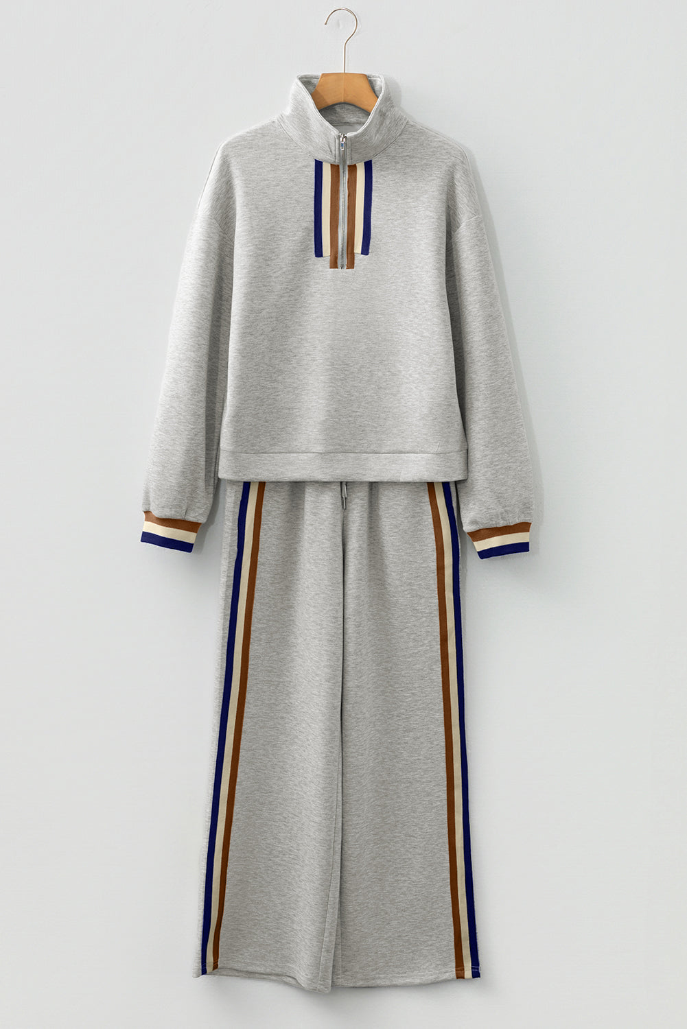 Gray Striped Patchwork Quarter Zip Pullover Loose Pant Set