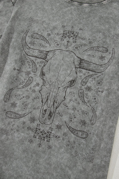 Light Grey Western Steer Head Tie Dye Print Crew Neck T Shirt - Aaria Tees