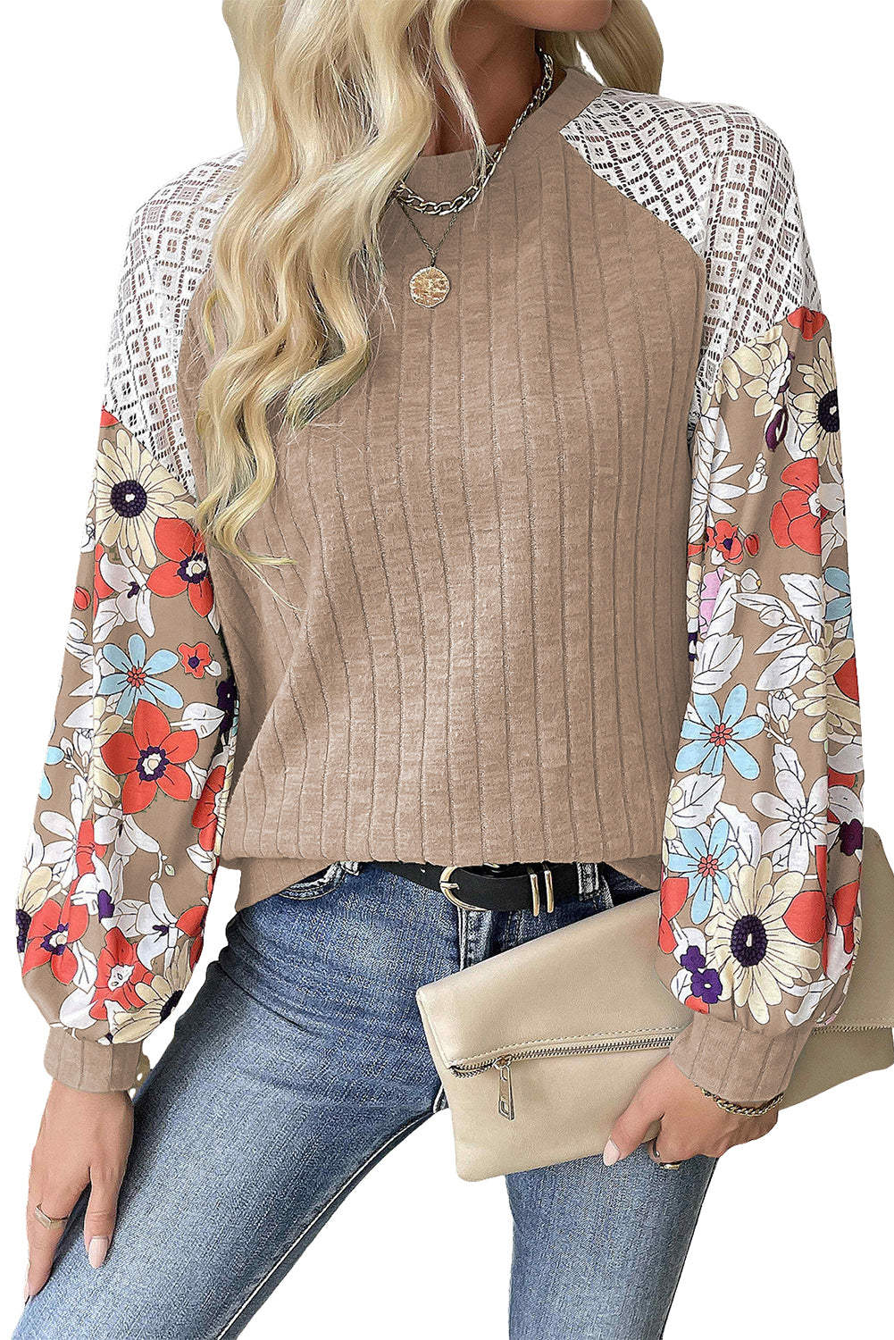 Black Floral Patchwork Long Sleeve Ribbed Blouse Aaria Tees