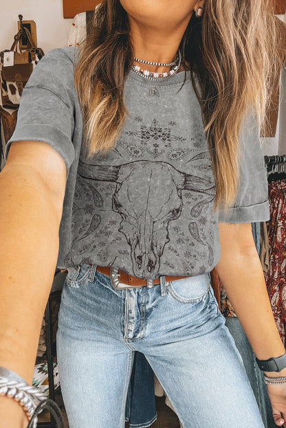 Light Grey Western Steer Head Tie Dye Print Crew Neck T Shirt - Aaria Tees