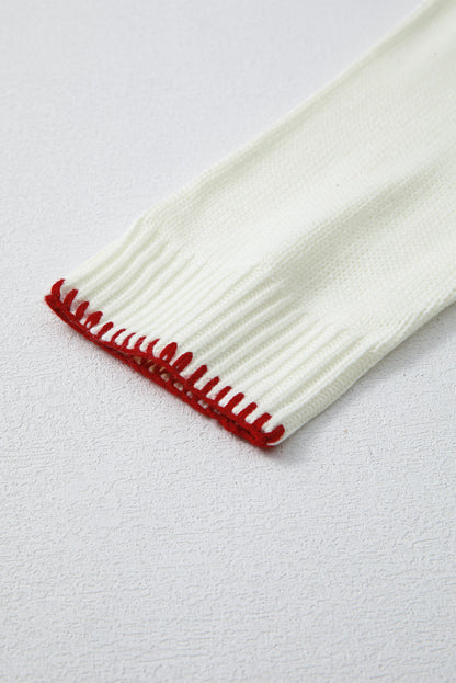 White Bow Pattern Contrast Trim Christmas Loose Graphic Sweater