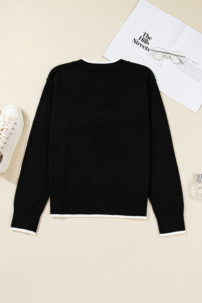 Bow Contrast Trim Long Sleeve Cropped Christmas Sweater