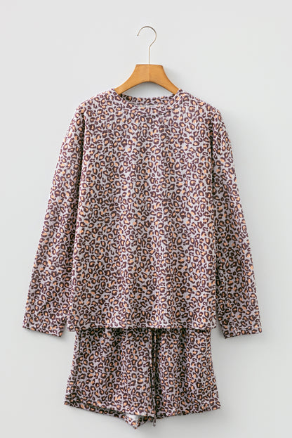 Khaki Leopard Ribbed Long Sleeve Top Drawstring Shorts 2pcs Outfit