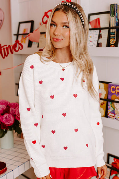 White Heart Shape Drop Shoulder Round Neck Sweater - Aaria Tees