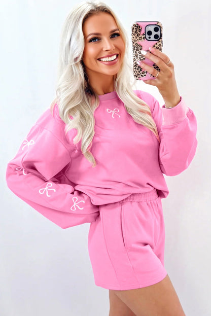 Bow Embroidered Pullover and Shorts Set