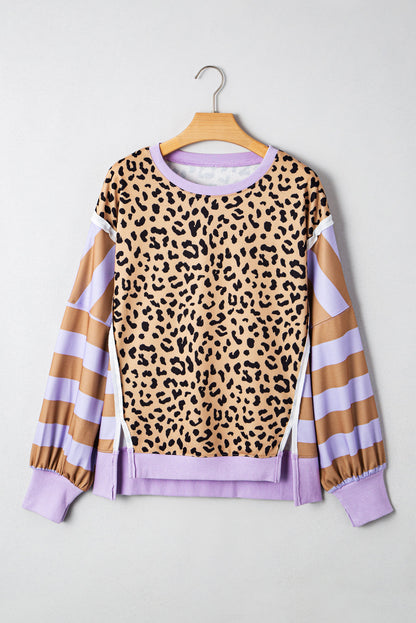 Leopard Stripe Colorblock Patchwork Sweatshirt
