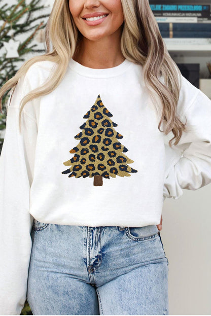 White Plush Leopard Tree Patched Drop Shoulder Sweatshirt
