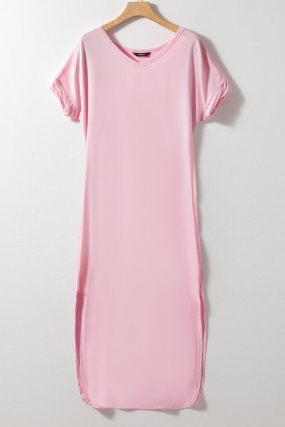 Pink V Neck Hidden Pocket Splits Maxi T-shirt Dress