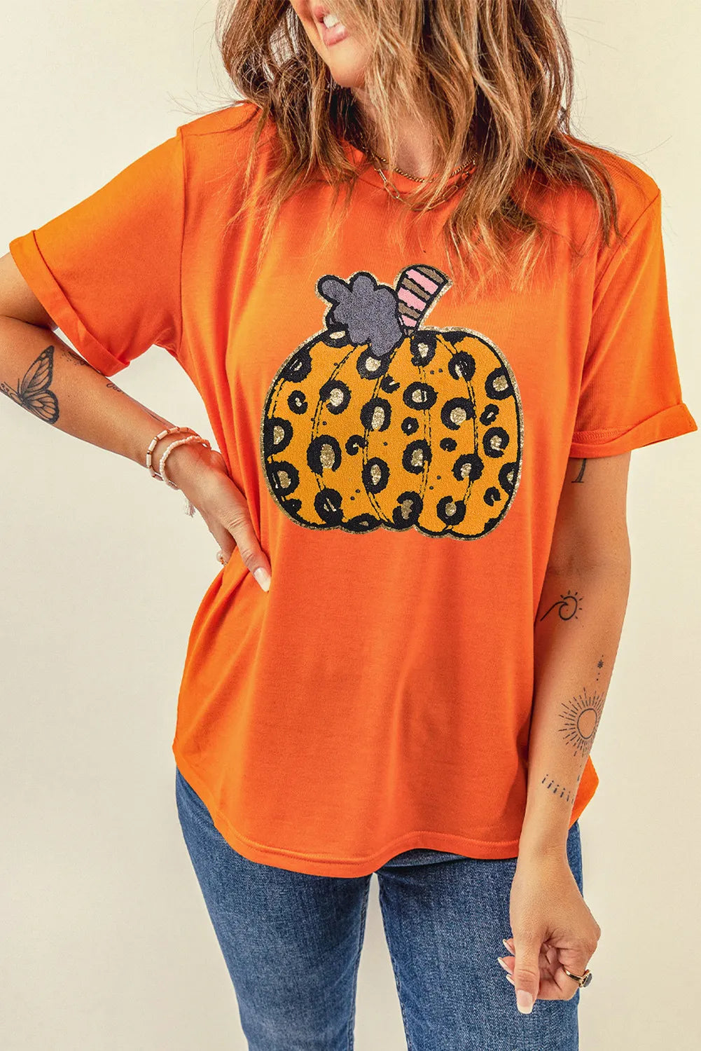 Pumpkin Round Neck Short Sleeve T-Shirt - Aaria Tees