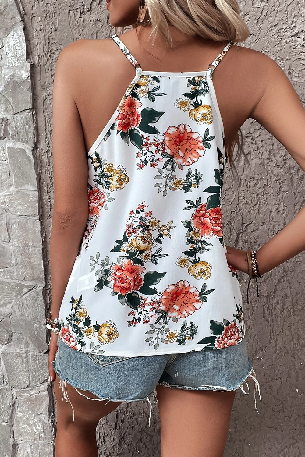 White Floral Print Lace V Neck Tank Top Aaria Tees