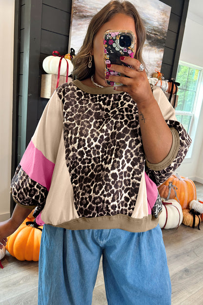 Brown Leopard Print Color Block Patchwork 3/4 Sleeve Loose Top
