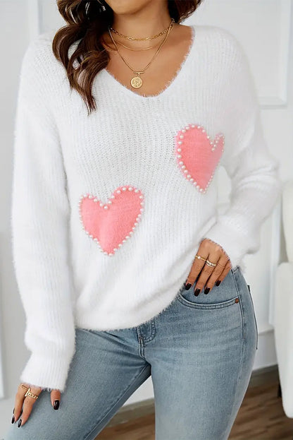 White Pearl Beaded Heart Pattern Fuzzy V Neck Sweater - Aaria Tees