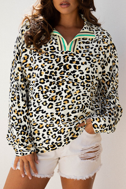 Leopard Contrast Stripe V-Neck Long Sleeve Blouse
