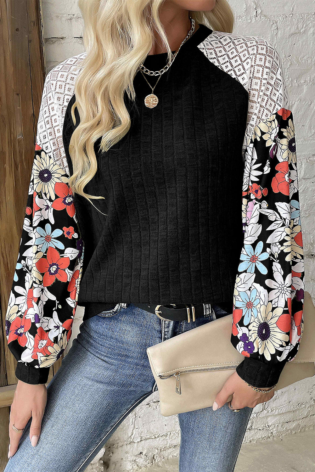 Black Floral Patchwork Long Sleeve Ribbed Blouse Aaria Tees