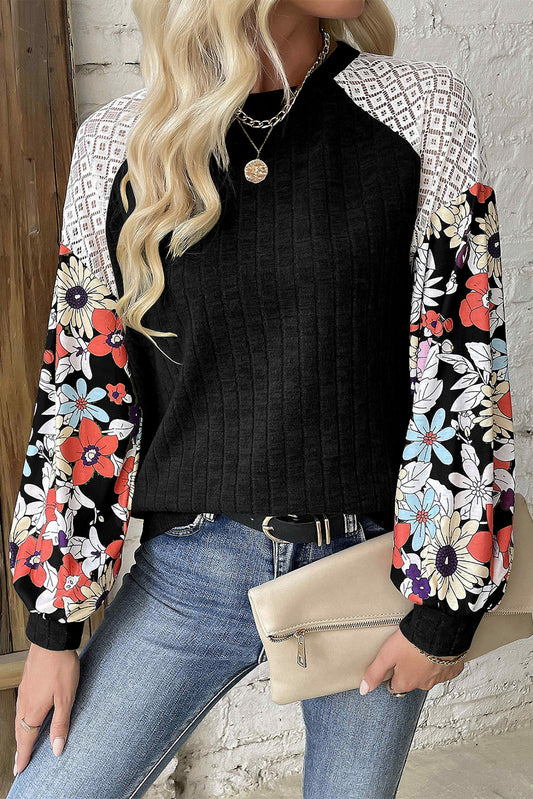 Black Floral Patchwork Long Sleeve Ribbed Blouse Aaria Tees