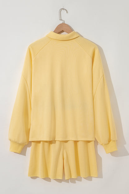 Yellow Cream Button Collar Drop Shoulder Pullover and Shorts 2pcs Outfit
