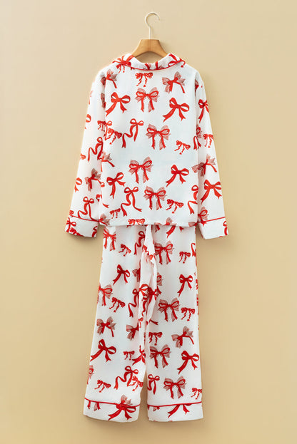 Red Christmas Bow Print Long 2pcs Pajama Set