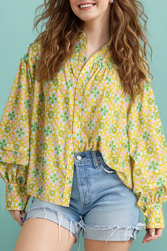 Green Boho Floral Print Frilly Detail Puff Sleeve Shirt - Aaria Tees