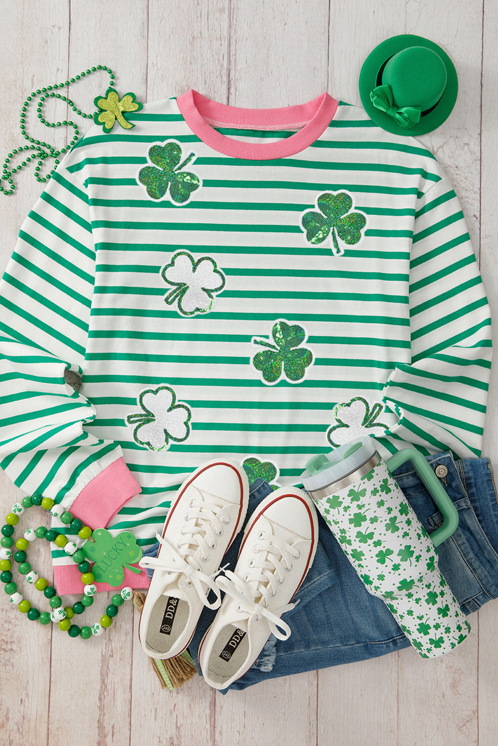 Bright Green Striped Sequin Clover Graphic Colorblock Long Sleeve St Patrick Top Aaria Tees