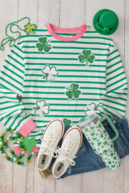 Bright Green Striped Sequin Clover Graphic Colorblock Long Sleeve St Patrick Top Aaria Tees