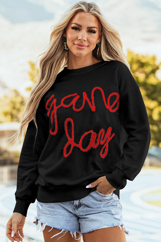 Black Tinsel Game Day Drop Shoulder Graphic Sweatshirt - Aaria Tees