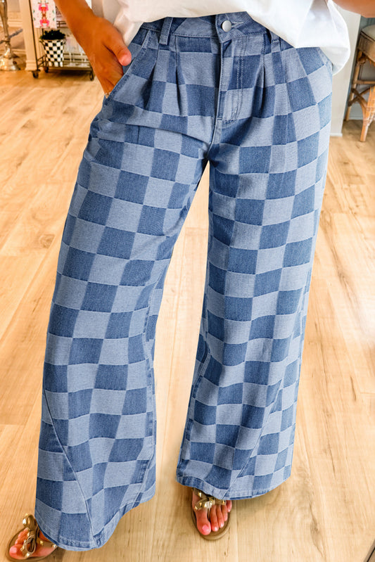 Dusk Blue Checkered Denim Wide Leg Jeans - Aaria Tees Aaria Tees