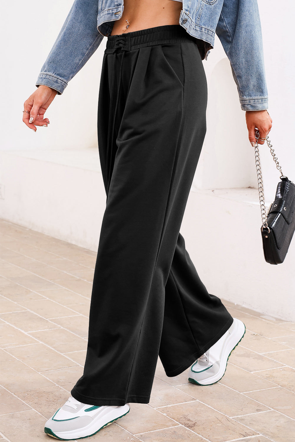 Black Tied Elastic High Waist Pleated Detail Solid Sweatpants